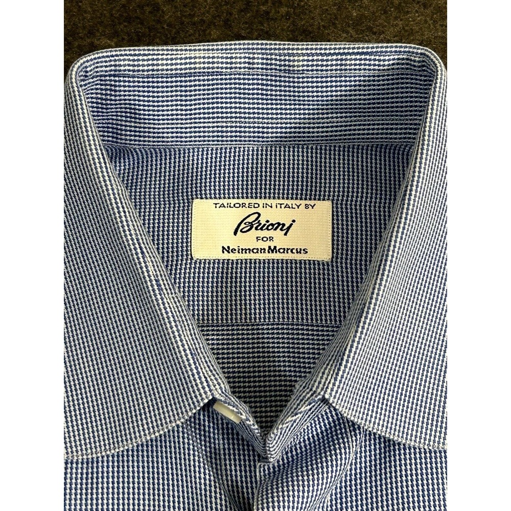 Brioni for Nieman Marcus Blue Micro Check Spread Collar Men's Dress Shirt 15.5 - Picture 2 of 6